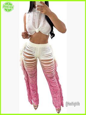 See-Through Crop Top & Ripped Fringe Pants Knit Set Size XL